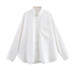 Camicia da donna minimalista bianca in misto lino a maniche lunghe con tasca frontale