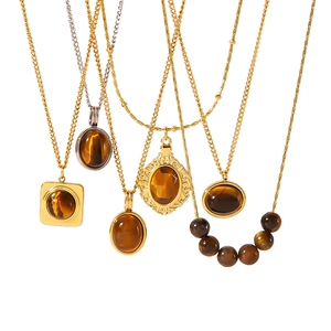 French vintage 18k gold plated stainless steel necklaces with natural tiger eye stones