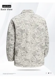 Back view of light khaki corduroy jacket with detailed tropical leaf print patterns