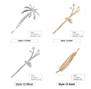 Detail view of metallic hair clips showing coconut tree, antler, and leaf shapes with dimensions