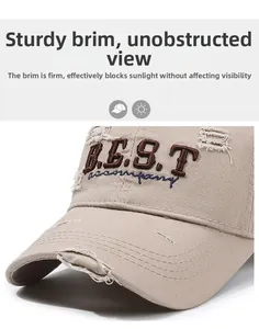 Detail of khaki distressed baseball cap showing vintage embroidery and worn-out canvas brim