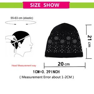 Size chart showing 20x21cm dimensions for the rhinestone knitted beanie hat with head guide