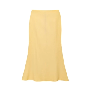 Flat lay of a light yellow midi skirt in smooth satin fabric with a graceful fishtail hem