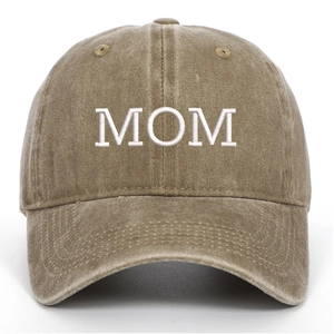 Detailed close-up of MOM embroidery on vintage washed cotton baseball cap khaki