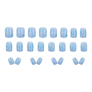 Cute blue press-on nails set with cartoon cat and star patterns for a girly style