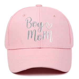 Pink cotton baseball cap with Boy Mom embroidery and heart detail for outdoor sun protection
