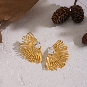 Boucles Oreilles Puces Éventail Rayon Soleil Avec Zircone Acier Inoxydable 304 Plaqué Or PVD Imperméable Hypoallergénique