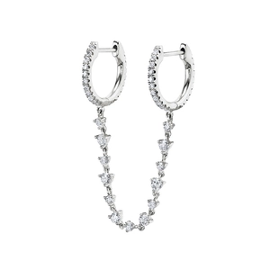 Close-up of S925 silver double hoop linked chain earrings with pave-set shimmering crystals