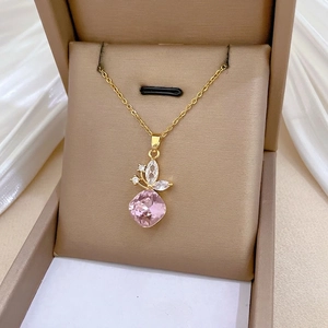 Butterfly Pendant Necklace Stainless Steel Titanium Chain Copper Pink Crystal Zircon Luxury Clavicle Elegant For Women