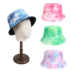 Tie-dye reversible cotton bucket hat in vibrant blue, pink, and green for outdoor sun protection