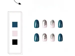 Detail view of oval press-on nails in lake blue and pink with silver leaf vein texture