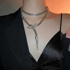 Rhinestone Snake Necklace Copper Mesh Weaving Wrap Around Choker Long Clavicle Chain For Women Fashion Jewelry