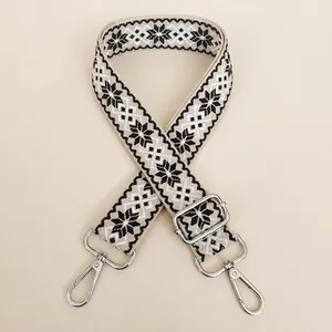 Detailed shot of beige and black star-patterned strap with silver metal hooks