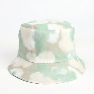 Detailed view of tie-dye bucket hat with mint green and grey marble print and stitching