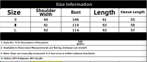 Size chart for boucle bomber jacket detailing shoulder, bust, and sleeve measurements