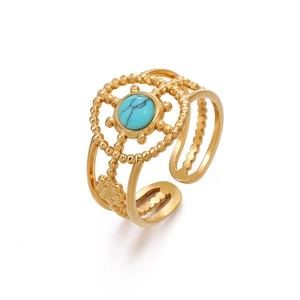 Retro stainless steel gold adjustable ring featuring a round turquoise stone inlay