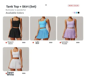 Detail showing the 2-piece yoga set in four colors with pleated skirt and crop tank top