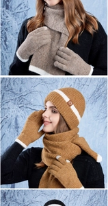 Detailed view of winter knitted set with touchscreen gloves and striped scarf details
