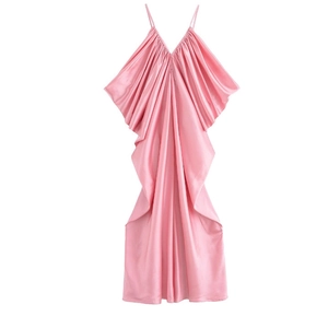 Vestito Maxi Elegante In Raso Arricciato Spalline Sottili Scollo A V Senza Maniche Schiena Scoperta Festa Donne