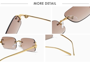 Detail view of tea brown rimless sunglasses with gold metal hinges and adjustable nose pads