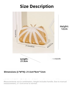 Detailed view of beaded evening bag dimensions: 21.5cm length by 12cm height with swan clasp
