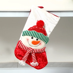 Detail of red and white Christmas stocking featuring a 3D snowman with striped scarf