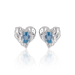 Heart Stud Earrings Molten Metal Texture 925 Sterling Silver Earring Post With Pear Cut Cubic Zirconia For Women