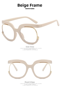 Vista frontal y lateral de gafas cat-eye extragrandes blanco crema con detalles dorados