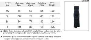 Size chart for backless satin slit dress with measurements for bust, waist, and hips