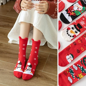 Festive red Christmas socks with cute 3D snowman and reindeer patterns for women