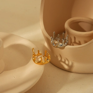 Lava crown style adjustable open ring in gold and silver stainless steel finishes