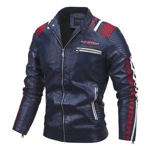 Giacca da moto da uomo in PU blu con strisce rosse e bianche e collo a lupetto