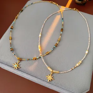 Stainless Steel Starburst Pendant Necklace With Freshwater Pearl Shell Beaded Chain Bohemian Vintage Jewelry For Women