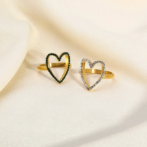 Hollow Heart Ring Stainless Steel 18K Gold Plated Zircon Inlaid Adjustable Open Finger Fashion Jewelry For Women