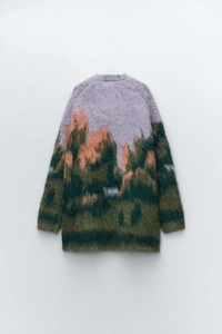 Detailed texture of mohair-style landscape jacquard on long-sleeve knit sweater