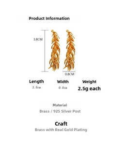 Detail view of wheat ear gold tassel earrings showing dimensions 3.8cm by 0.8cm clearly