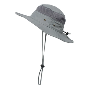 Detail view of children's grey sun hat featuring breathable mesh panels and adjustable chin strap