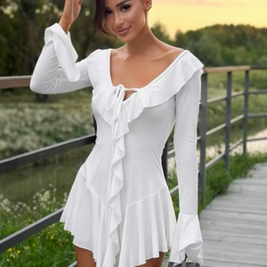 Robe Mini À Col En V Profond Volants Manches Longues Taille Haute À Lacets Slim Fit Polyester Robes Sexys Femmes