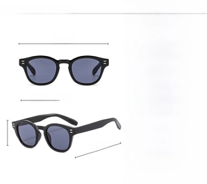 Detailed size chart for retro oval sunglasses showing frame dimensions and specifications