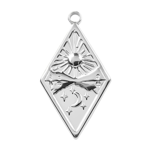 Detail view of 304 stainless steel rhombus pendant with sun and moon mountain engravings