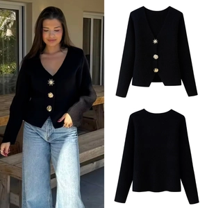Women Knitted Cardigan V Neck Long Sleeve Decorative Gold Buttons Loose Fit Casual French Style Chic Solid Black