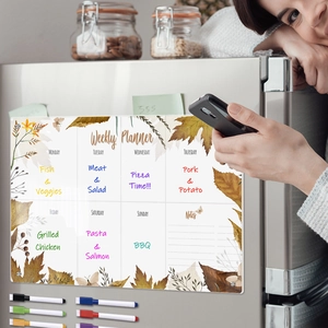 Magnetic acrylic weekly planner for fridge with autumn leaf design and markers
