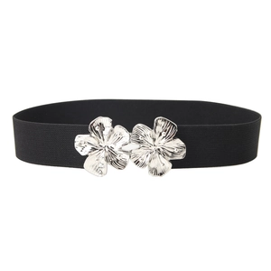 Women's black elastic waist belt with elegant silver interlocking flower metal buckle