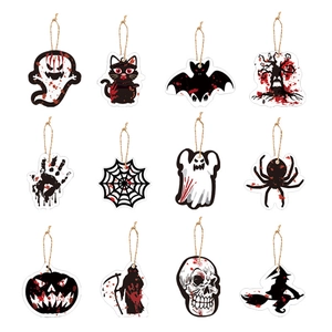 Detailed set of 12 wooden Halloween ornaments featuring spooky ghost and pumpkin designs
