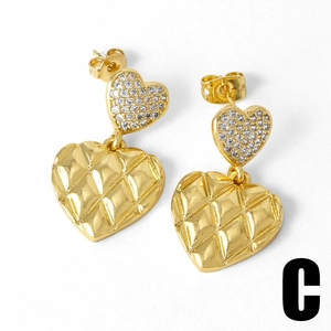 Elegant gold-plated heart drop earrings with sparkling pavé zircons and quilted texture design