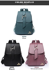 Detailed color display of stylish faux leather backpacks in blue, black, and purple
