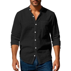 Detail of black linen shirt showing mandarin collar and breathable cotton fabric texture