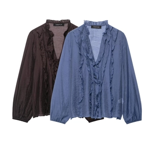 Elegante Ruches V-Hals Blouse Lange Mouwen Knoopsluiting Effen Kleur Chiffon Shirt Voor Dames Kantoor Chic