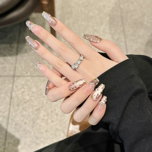 French style long coffin press-on nails with hand-painted floral design and pearls