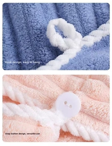 Detail view of coral fleece towel showing hanging hook and secure button closure system